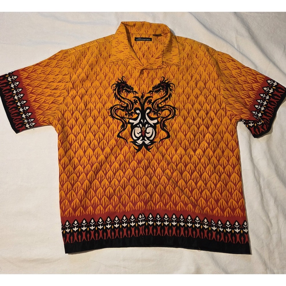 Vintage Y2K No Boundaries Dragon Shirt Mens L Orange Tribal Graphic Button Up